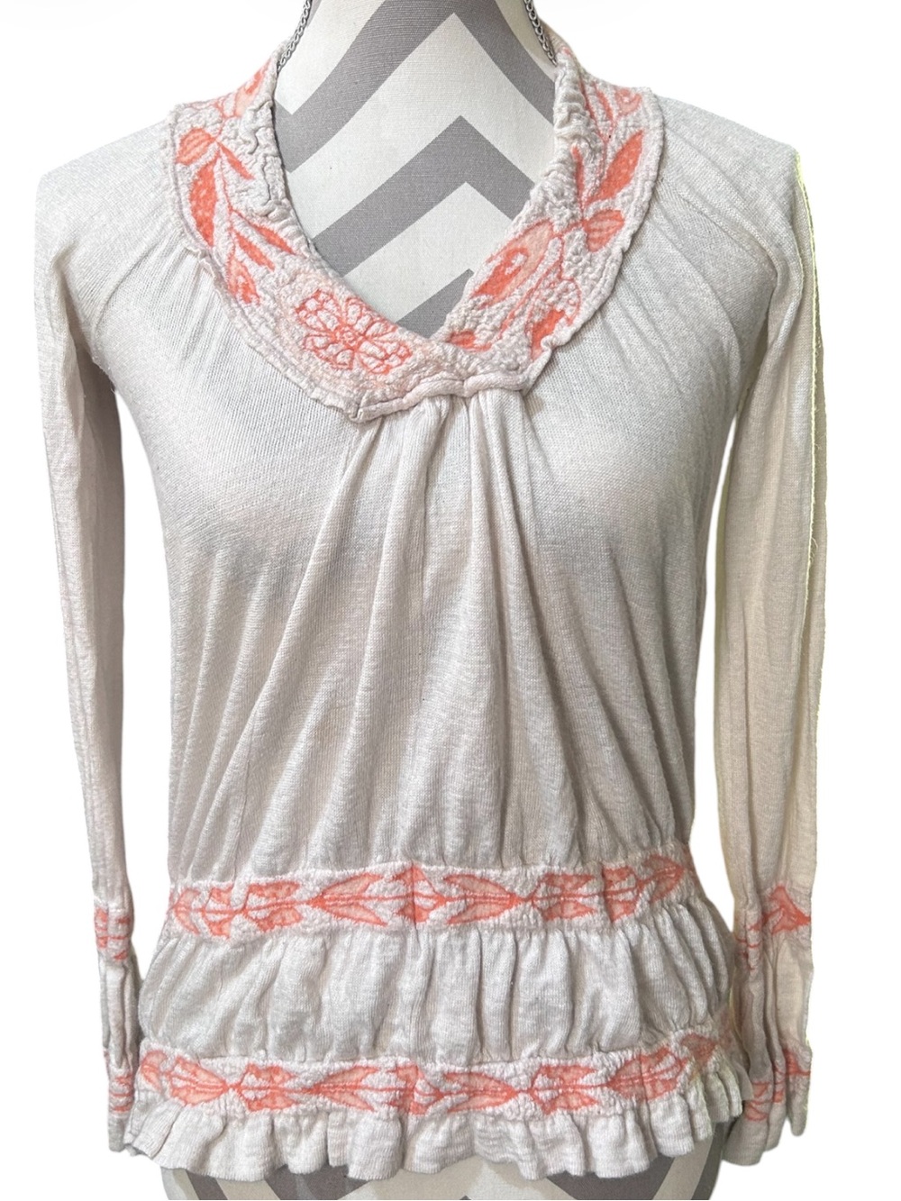 Free People Women’s Long Sleeve Embroidered V-Neck Soft Wool Top